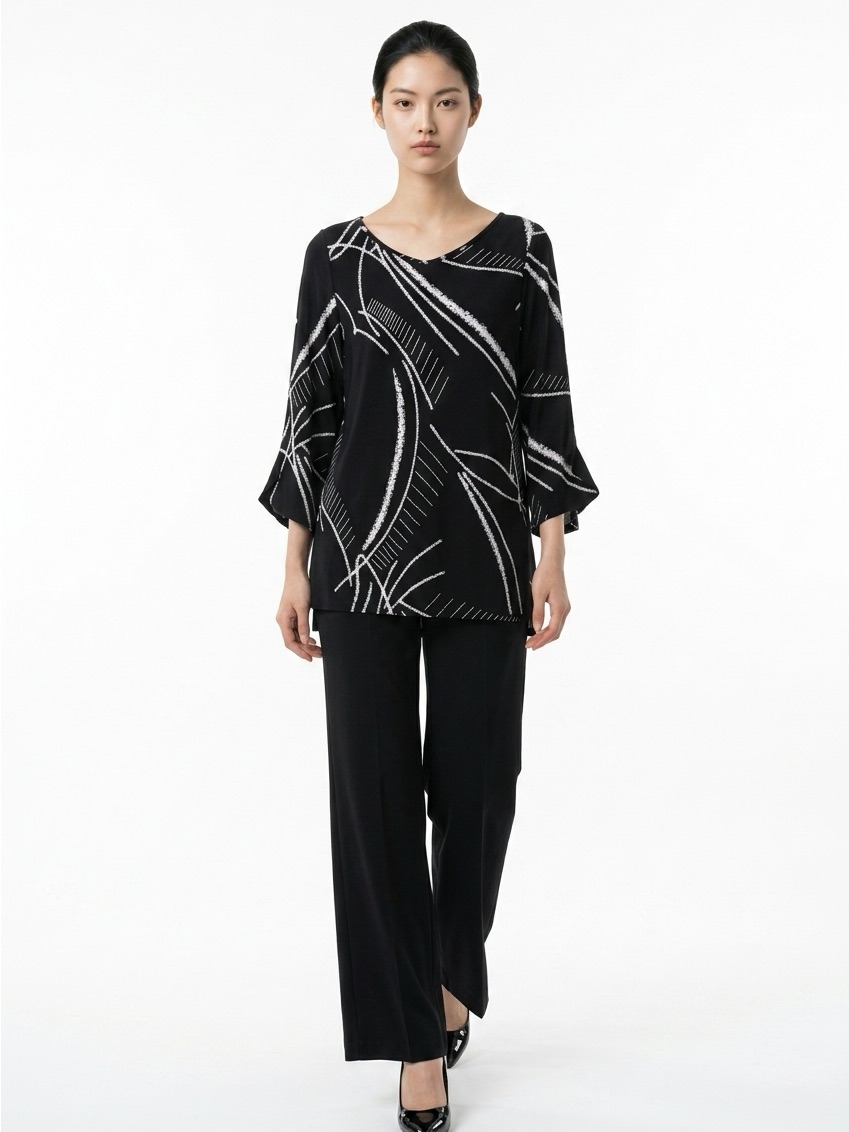 Clara Sunwoo V-Neck 3/4 Sleeves Black White Asymmetrical Parachute Tunic Top Xs